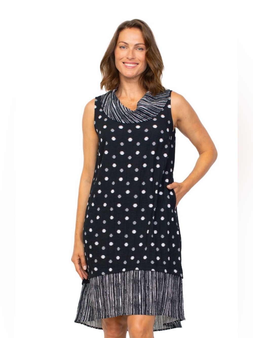 Habitat Express Mix Polka Dot Black, Grey, & White, High-Low Dress, S